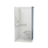 OPS-3636-RS - L-Shaped and Vertical Grab Bar and Seat AcrylX Alcove Center Drain One-Piece Shower in White
