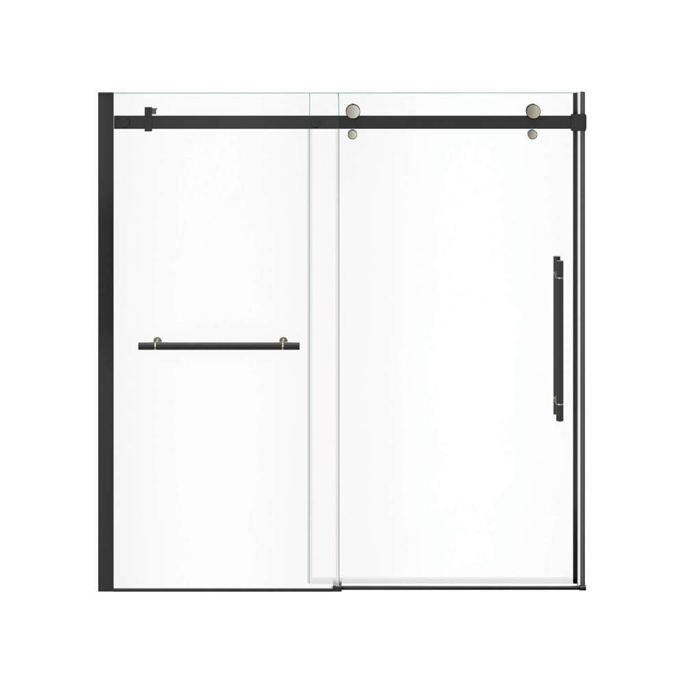 Vela 56.5-59 x 59 in. 8 mm Sliding Tub Door with Towel Bar for Alcove Installation with Clear glass in Matte Black and Brushed Nickel