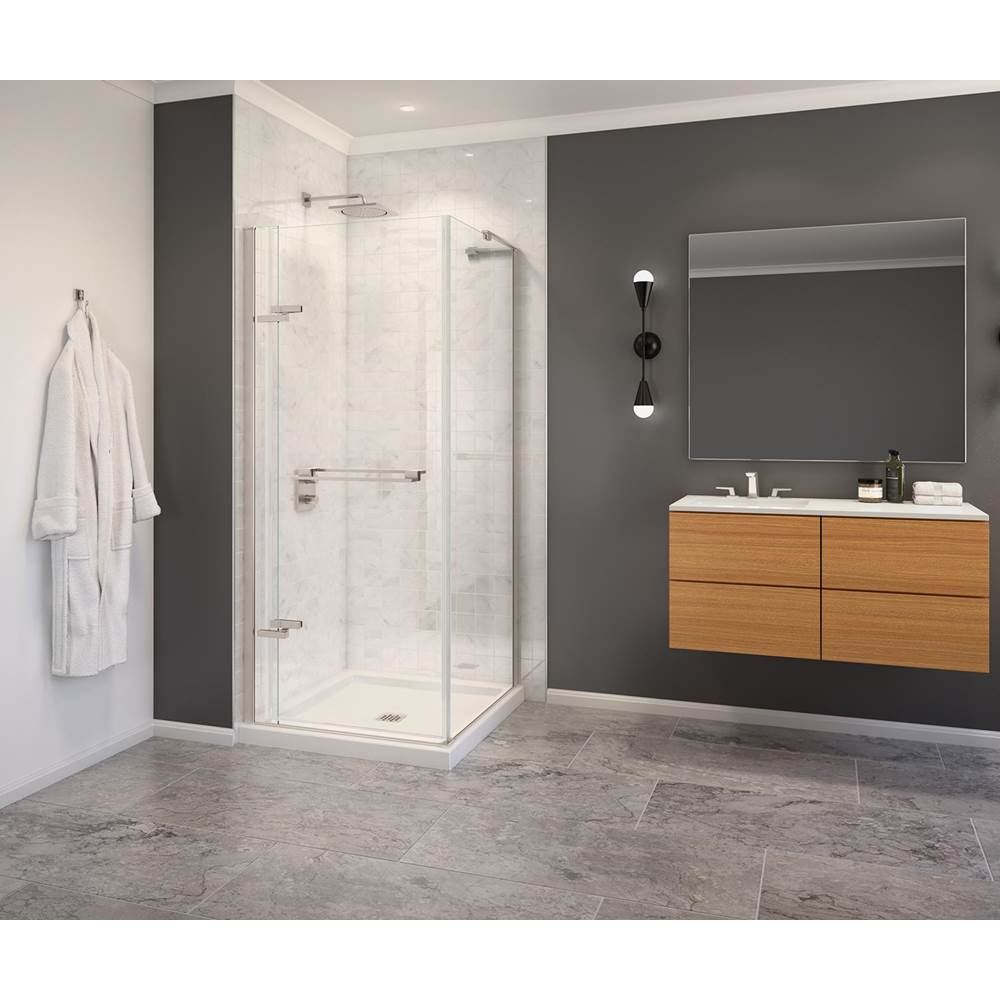 Capella 78 32.5-35.5 x 78 in. 8 mm Pivot Shower Door for Alcove Installation with GlassShield glass in Brushed Nickel