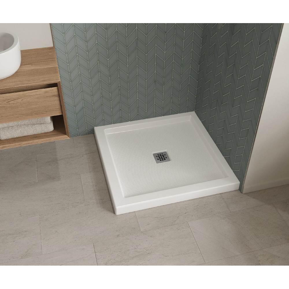 B3Square 3636 Acrylic Corner Left or Right Shower Base in White with Anti-slip Bottom with Center Drain