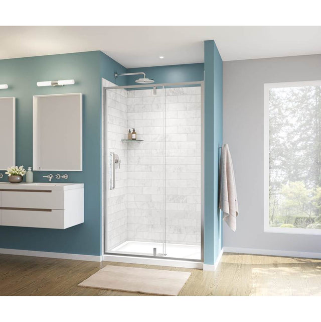 Maax - Uptown 45-47 x 76 in. 8 mm Pivot Shower Door for Alcove Installation with Clear glass in Chrome & White Marble