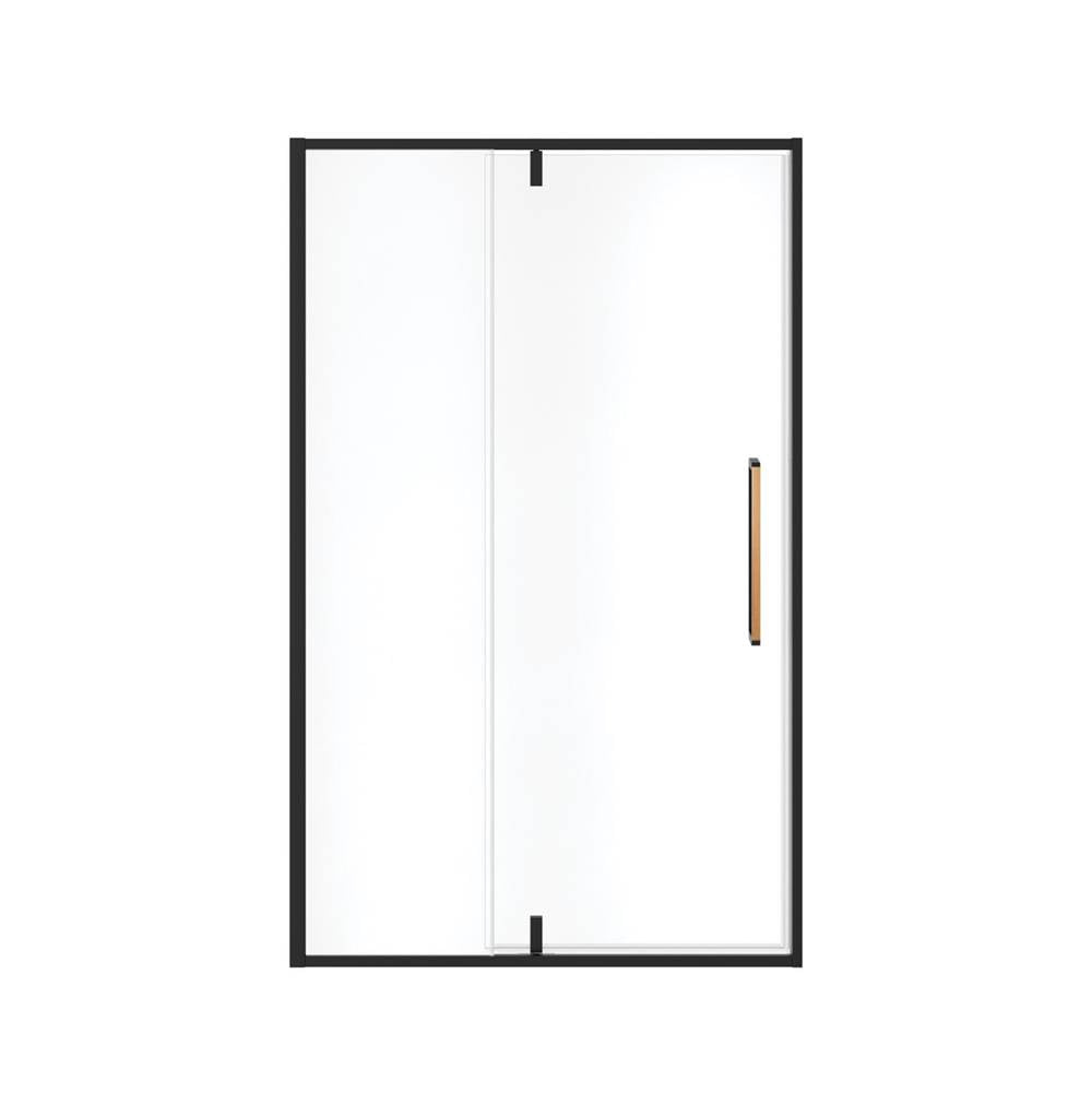 Uptown 45-47 x 76 in. 8 mm Pivot Shower Door for Alcove Installation with Clear glass in Matte Black & Wood