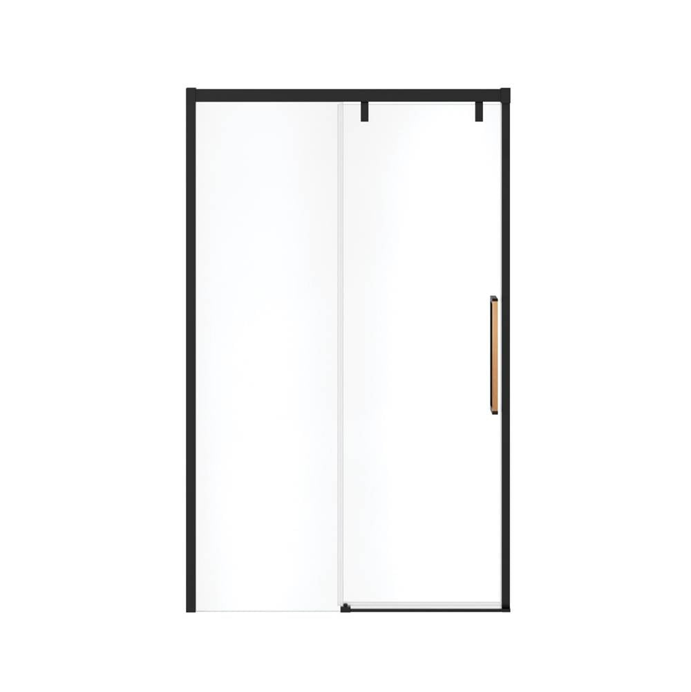 Uptown 44-47 x 76 in. 8 mm Sliding Shower Door for Alcove Installation with Clear glass in Matte Black & Wood