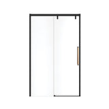Uptown 44-47 x 76 in. 8 mm Sliding Shower Door for Alcove Installation with Clear glass in Matte Black & Wood