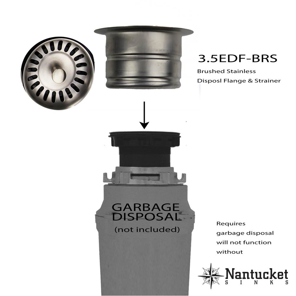 Nantucket Sink 3.5 Inch Extended Flange Disposal Kitchen Drain in Brushed Stainless
