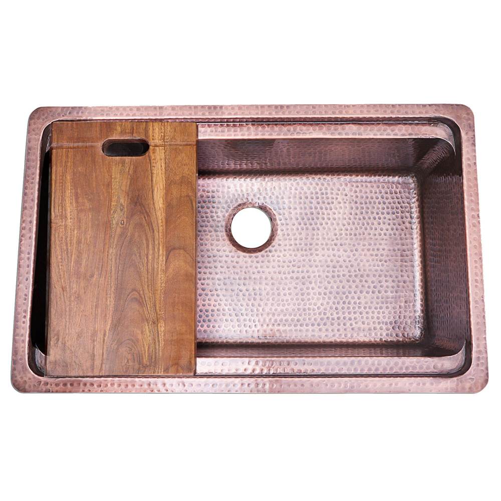 Brightwork Collection Hammered Copperl Large Single Bowl Prep Station Sink. Sink Includes Accacia Cutting Board