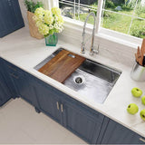 Brightwork Collection Hammered Stainless Steel Large Single Bowl Prep Station Sink. Sink Includes Accacia Cutting Board