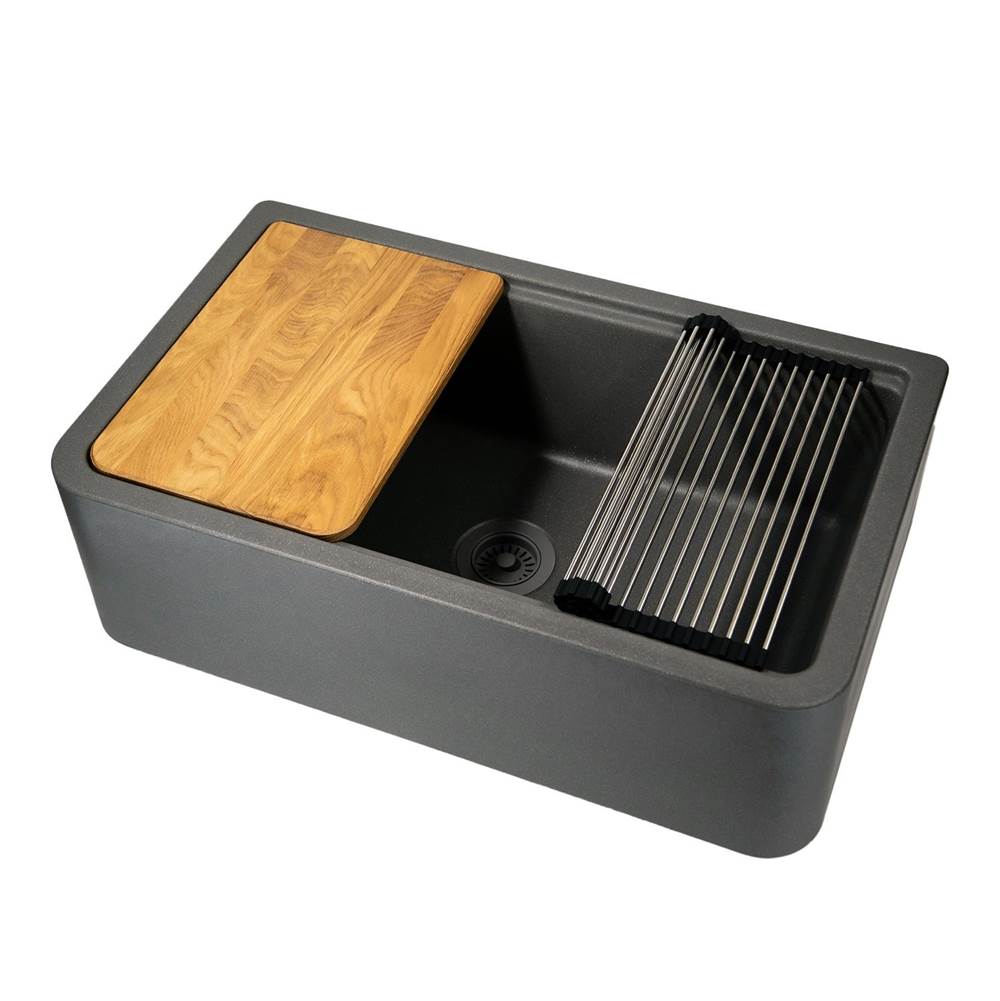 Nantucket Sinks - 33-Inch Reversible Workstation Granite Composite Apron Sink With Accessory Pack - Matte Titanium Grey with Metallic Flecks