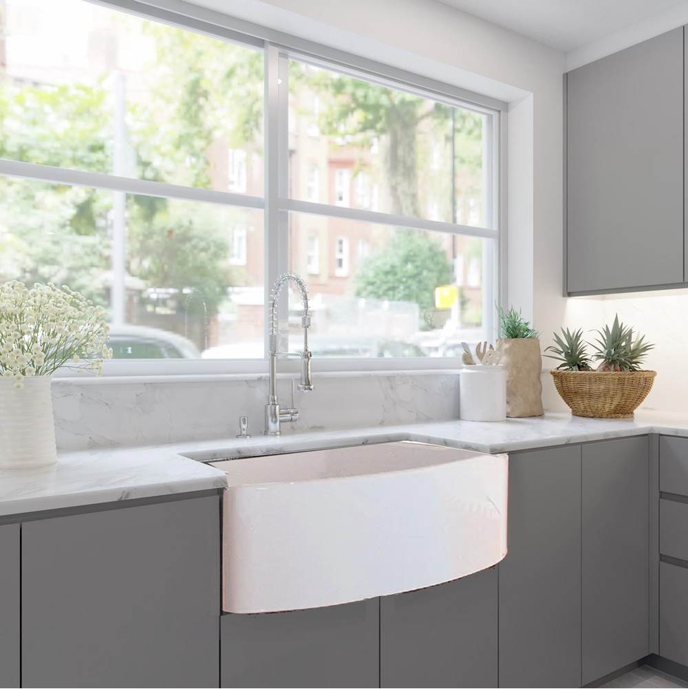 Italian Made Fine Fireclay Curved Apron Farmer Sink Finished In A Concrete Finish, Optional Bottom Grid - Bg-Fc3320Ca