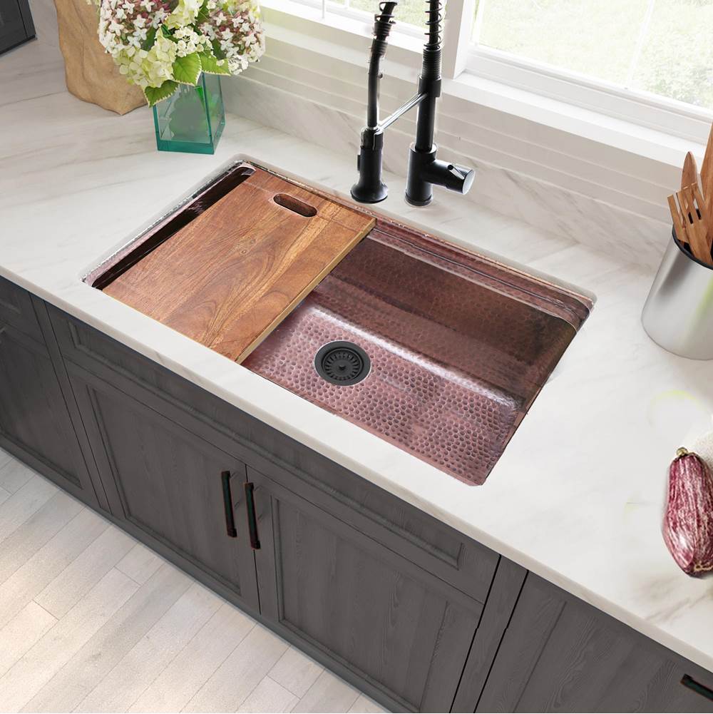 Brightwork Collection Hammered Copperl Large Single Bowl Prep Station Sink. Sink Includes Accacia Cutting Board