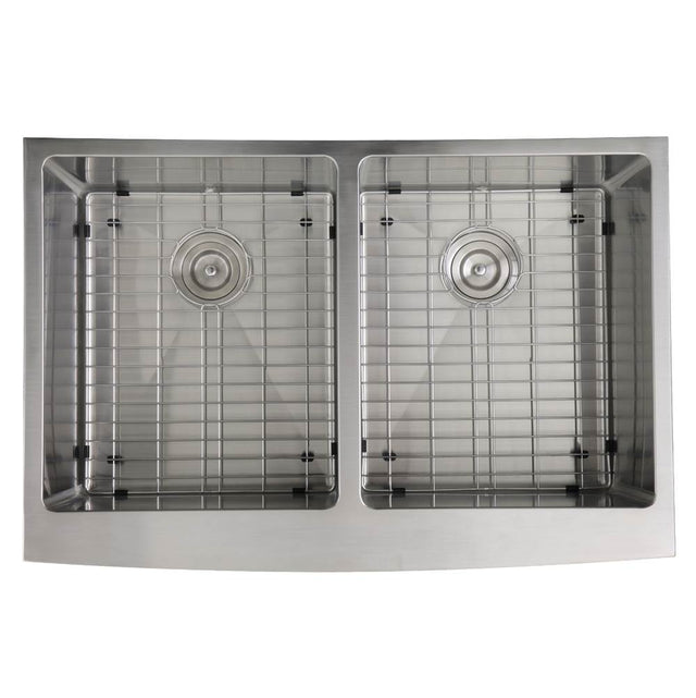 Nantucket Sinks - 33 Inch Double Bowl Farmhouse Apron Front Stainless Steel Kitchen Sink - Brushed Satin