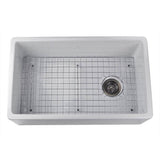 Nantucket Sinks - 30 Inch White Fireclay Farmhouse Sink Offset Drain Fcfs30 With Grid - Porcelain Enamel Glaze White
