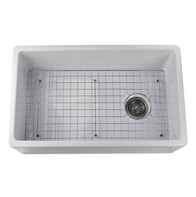 Nantucket Sinks - 30 Inch White Fireclay Farmhouse Sink Offset Drain Fcfs30 With Grid - Porcelain Enamel Glaze White