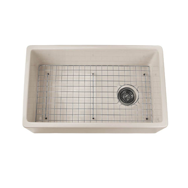 Nantucket Sinks - 30 Inch Bisque Fireclay Farmhouse Kitchen Sink Offset Drain FCFS30B with Grid - Porcelain Enamel Glaze Bisque
