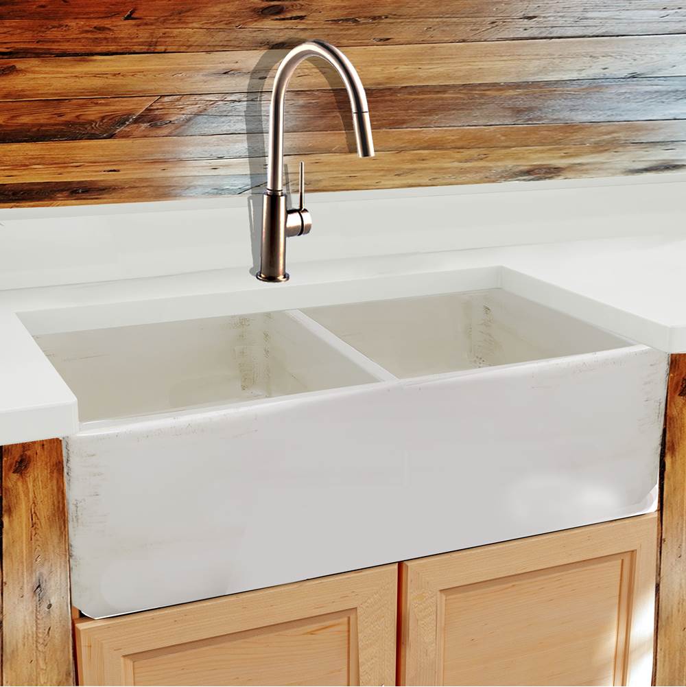 Double Bowl Farmhouse Fireclay Sink with Concrete Finish