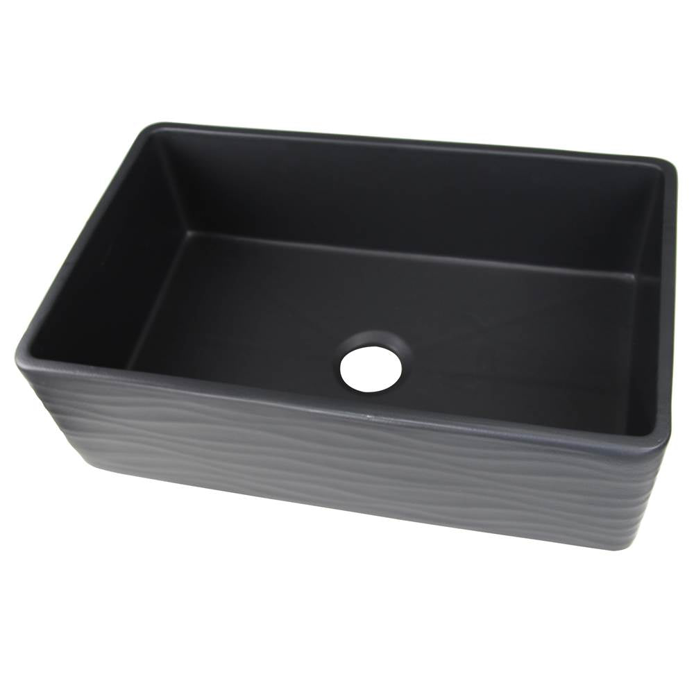 33 Inch Matte Black Farmhouse Fireclay Sink with Waves Apron
