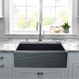33 Inch Matte Black Farmhouse Fireclay Sink with Waves Apron