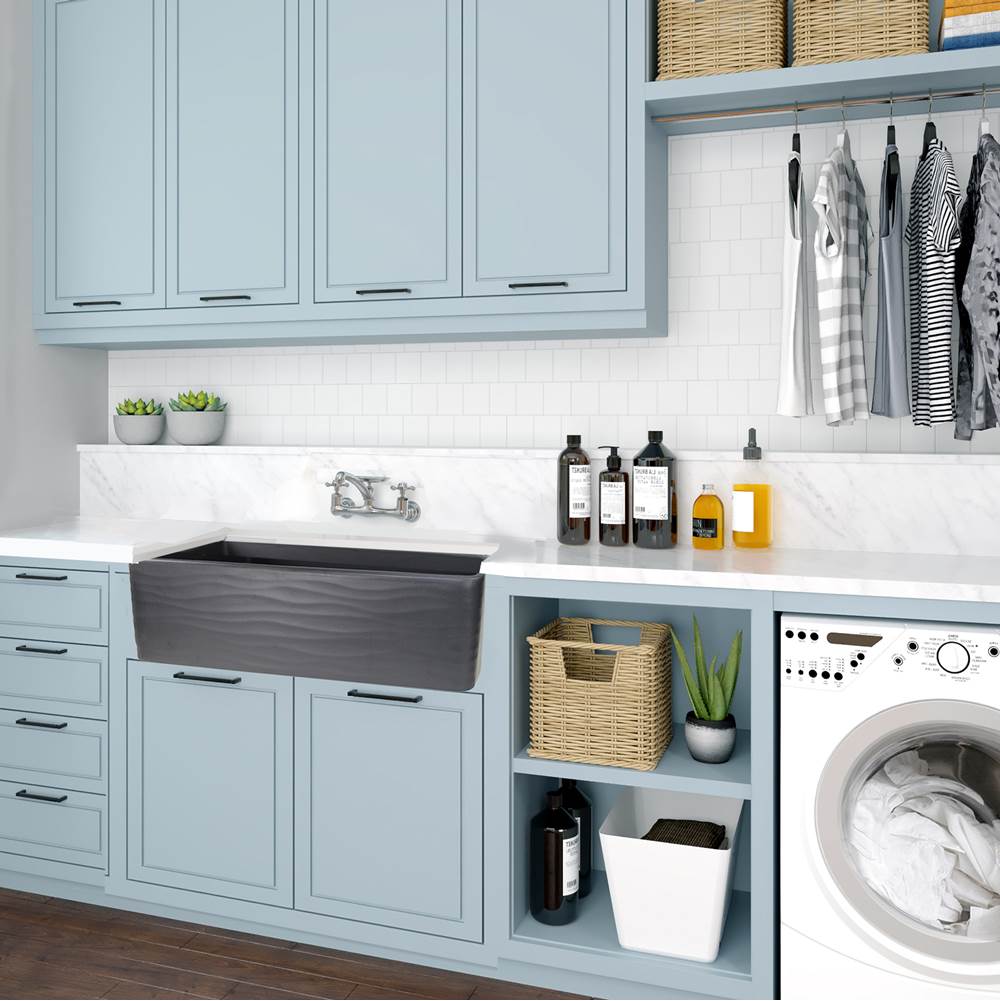 33 Inch Matte Black Farmhouse Fireclay Sink with Waves Apron