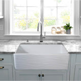 33 Inch Matte Black Farmhouse Fireclay Sink with Waves Apron