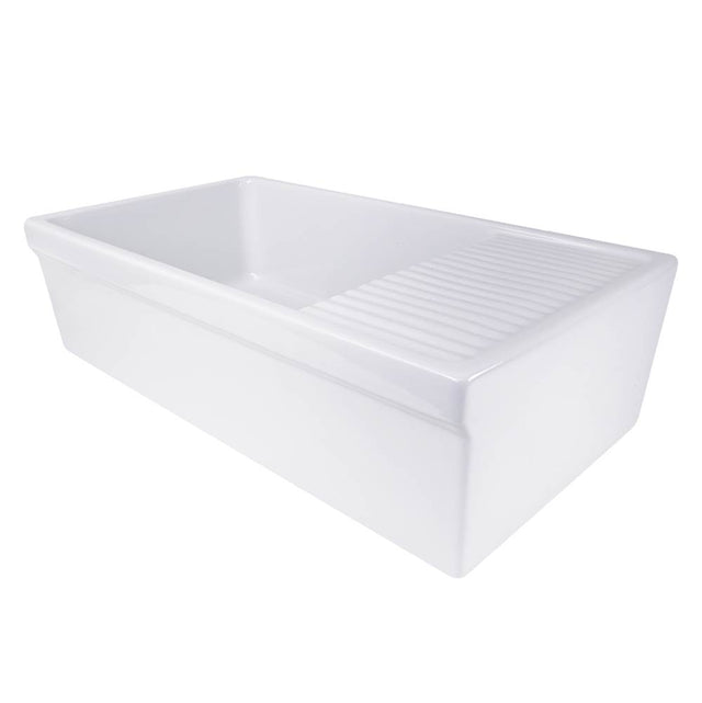 Nantucket Sinks - 36 Inch Italian Farmhouse Fireclay Sink with Built-In Drainboard - Porcelain Enamel Glaze White