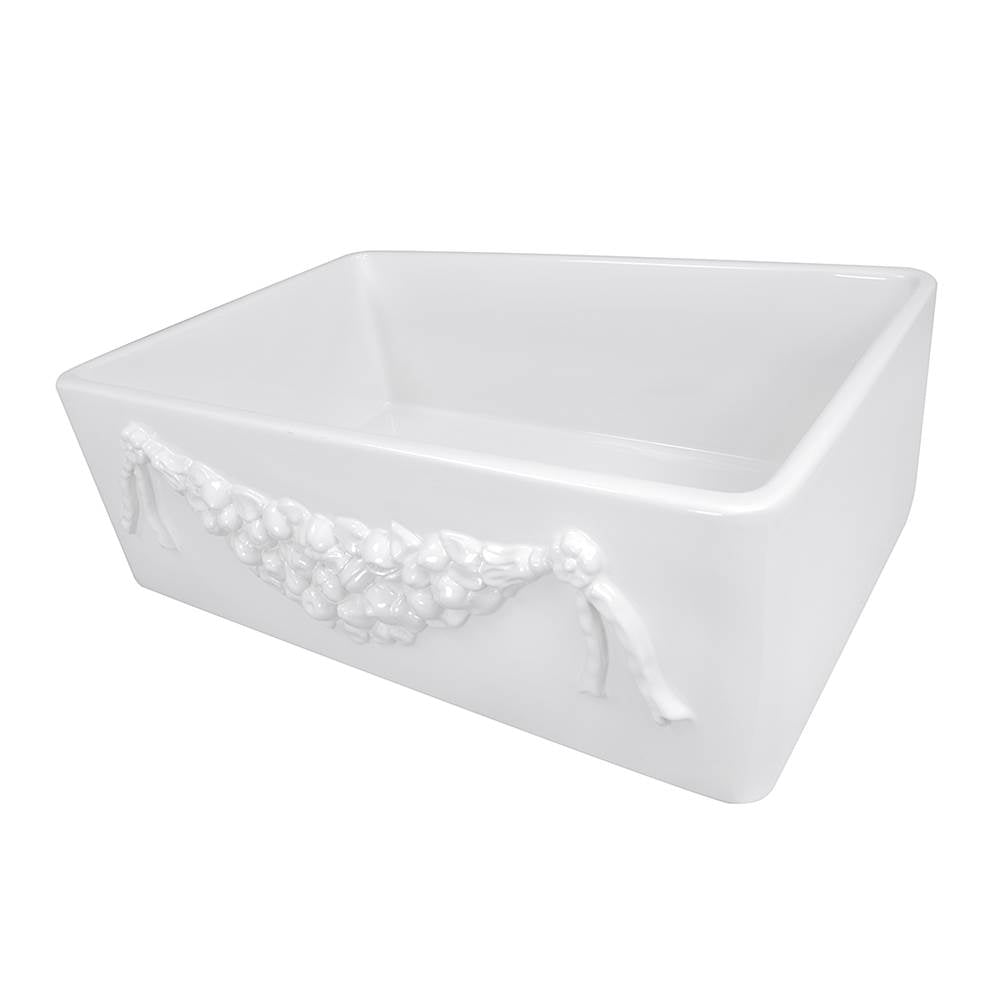 Farmhouse Fireclay Apron Sink with an embossed decorative design