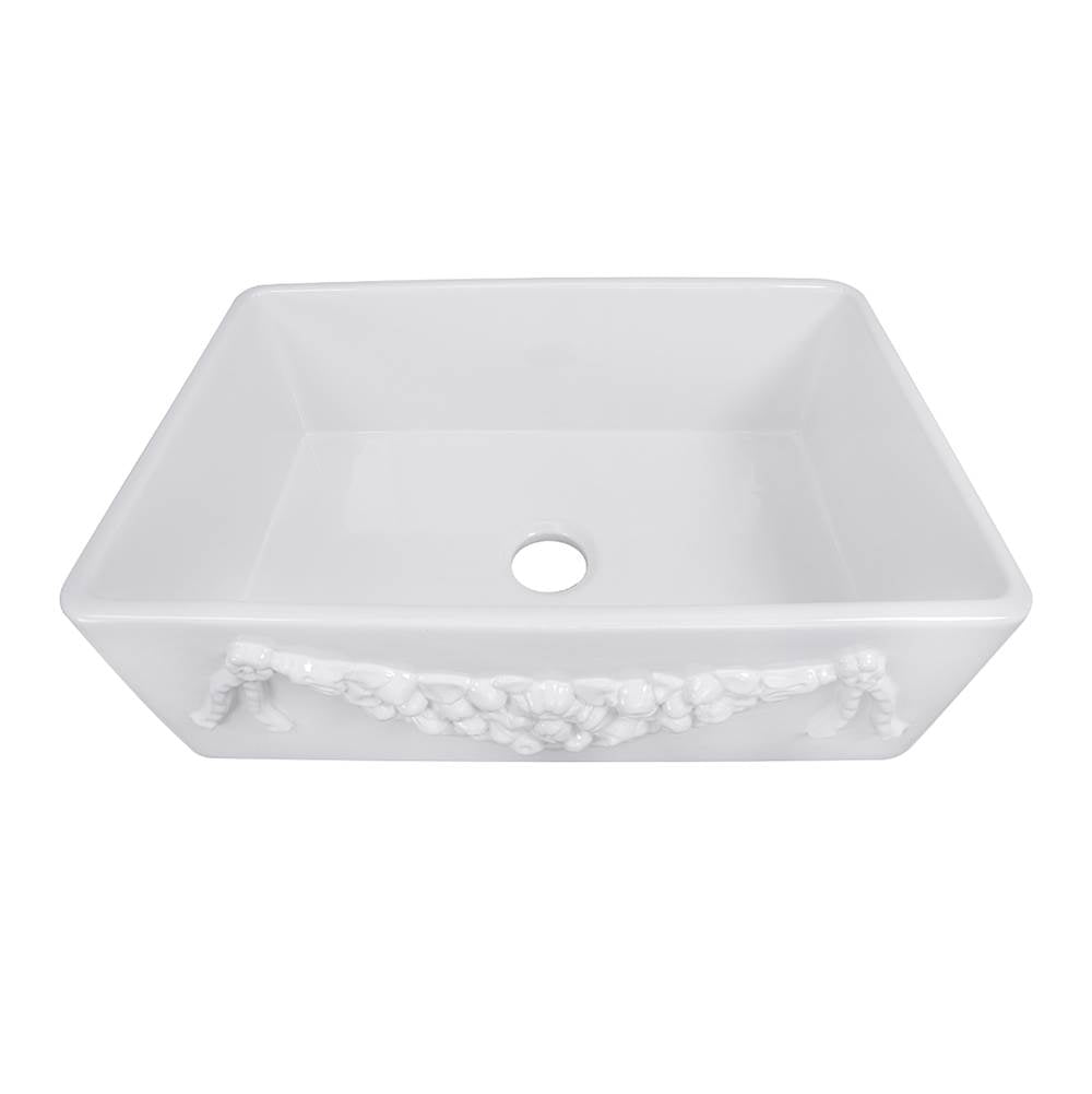 Farmhouse Fireclay Apron Sink with an embossed decorative design