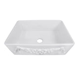Farmhouse Fireclay Apron Sink with an embossed decorative design