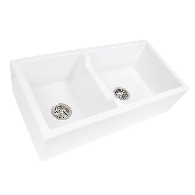 Nantucket Sinks - 60/40 Double Bowl Farmhouse Apron Fireclay Sink - Porcelain Enamel Glaze White