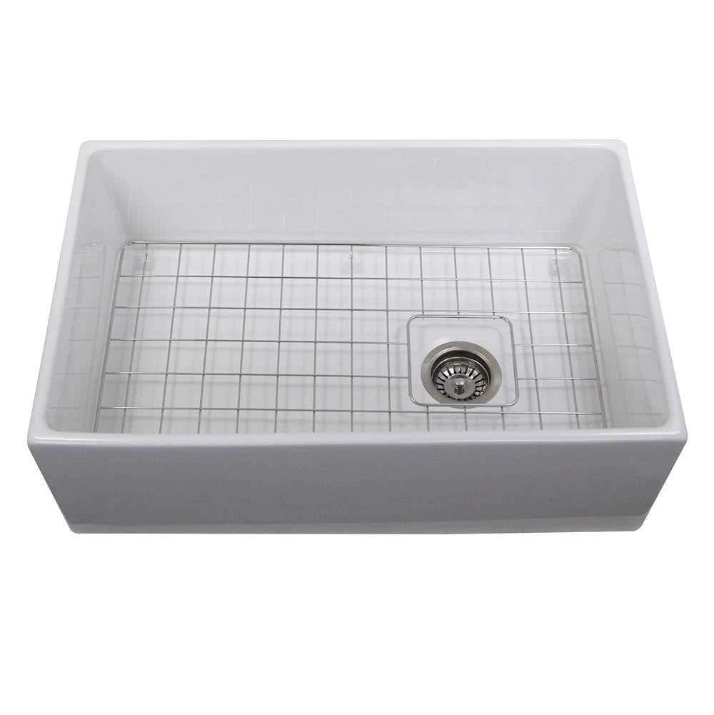 Nantucket Sinks - 30 Inch Farmhouse Fireclay Sink with Drain and Grid - Glazed White