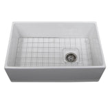 Nantucket Sinks - 30 Inch Farmhouse Fireclay Sink with Drain and Grid - Glazed White