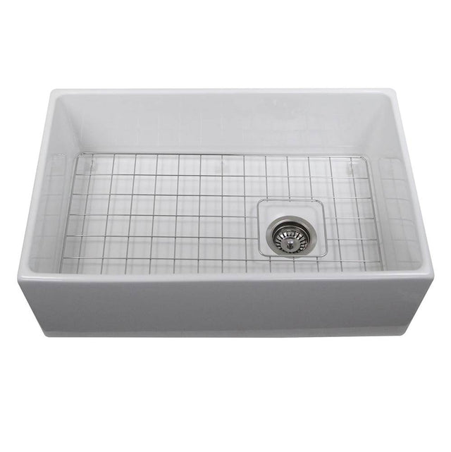 Nantucket Sinks - 30 Inch Farmhouse Fireclay Sink with Drain and Grid - Glazed White