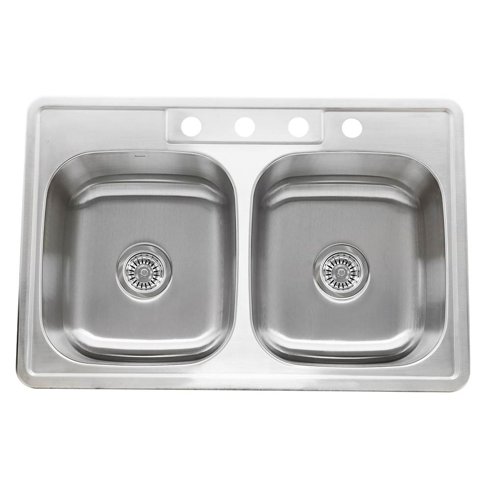 Nantucket Sinks - NS3322-DE - 33 Inch Double Bowl Equal Self Rimming Stainless Steel Drop In Kitchen Sink, 18 Gauge - Brushed Satin