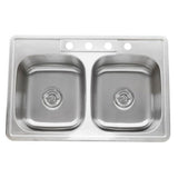 Nantucket Sinks - NS3322-DE - 33 Inch Double Bowl Equal Self Rimming Stainless Steel Drop In Kitchen Sink, 18 Gauge - Brushed Satin
