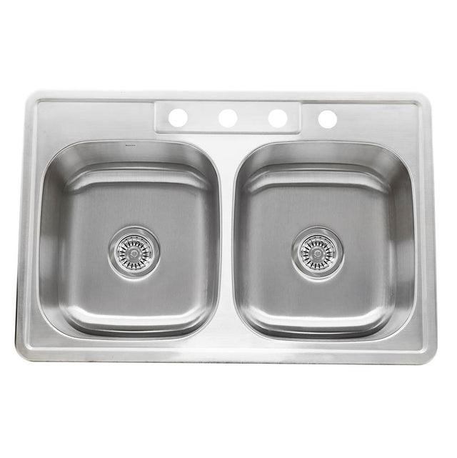 Nantucket Sinks - NS3322-DE - 33 Inch Double Bowl Equal Self Rimming Stainless Steel Drop In Kitchen Sink, 18 Gauge - Brushed Satin