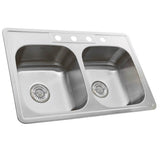 NS3322-DE - 33 Inch Double Bowl Equal Self Rimming Stainless Steel Drop In Kitchen Sink, 18 Gauge