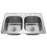 NS3322-DE - 33 Inch Double Bowl Equal Self Rimming Stainless Steel Drop In Kitchen Sink, 18 Gauge