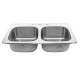 NS3322-DE - 33 Inch Double Bowl Equal Self Rimming Stainless Steel Drop In Kitchen Sink, 18 Gauge