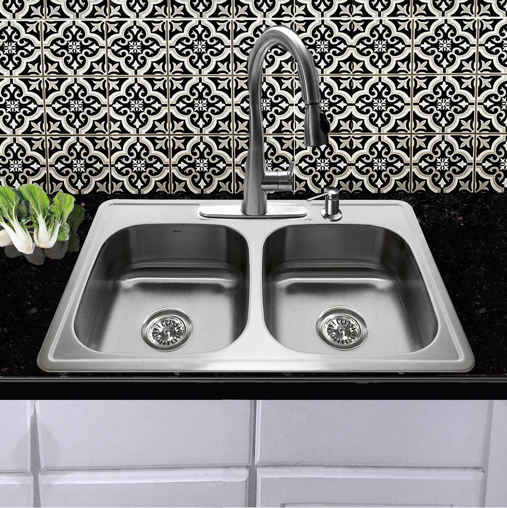 NS3322-DE - 33 Inch Double Bowl Equal Self Rimming Stainless Steel Drop In Kitchen Sink, 18 Gauge