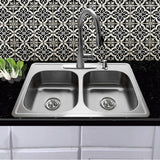 NS3322-DE - 33 Inch Double Bowl Equal Self Rimming Stainless Steel Drop In Kitchen Sink, 18 Gauge