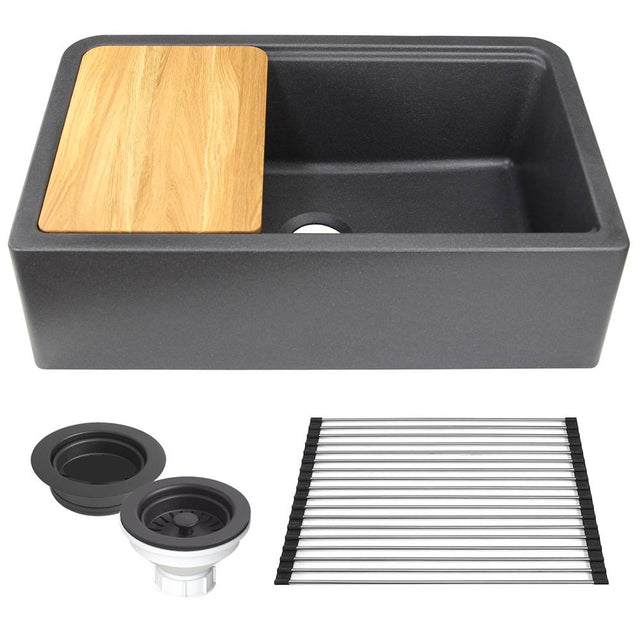 Nantucket Sinks - 33''X20'' GRANITE COMPOSITE APRON FARMHOUSE SINK - Matte Black With Metallic Flecks
