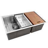 Nantucket Sinks - Offset Double Bowl Prep Station Small Radius Undermount Stainless Sink with Accessories - satin
