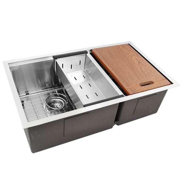 Nantucket Sinks - Offset Double Bowl Prep Station Small Radius Undermount Stainless Sink with Accessories - satin