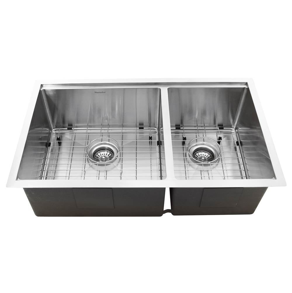 Offset Double Bowl Prep Station Small Radius Undermount Stainless Sink with Accessories