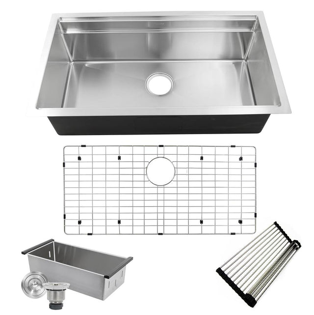 Nantucket Sinks - 16 Gauge 304 Stainless Small Radius Rectangle Undermount Sink With Specially Designed Ledges. Includes Bottom Grid, Colander and RUM center drain - Brushed Satin