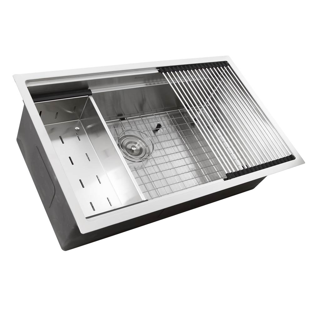 16 Gauge 304 Stainless Small Radius Rectangle Undermount Sink With Specially Designed Ledges. Includes Bottom Grid, Colander and RUM center drain