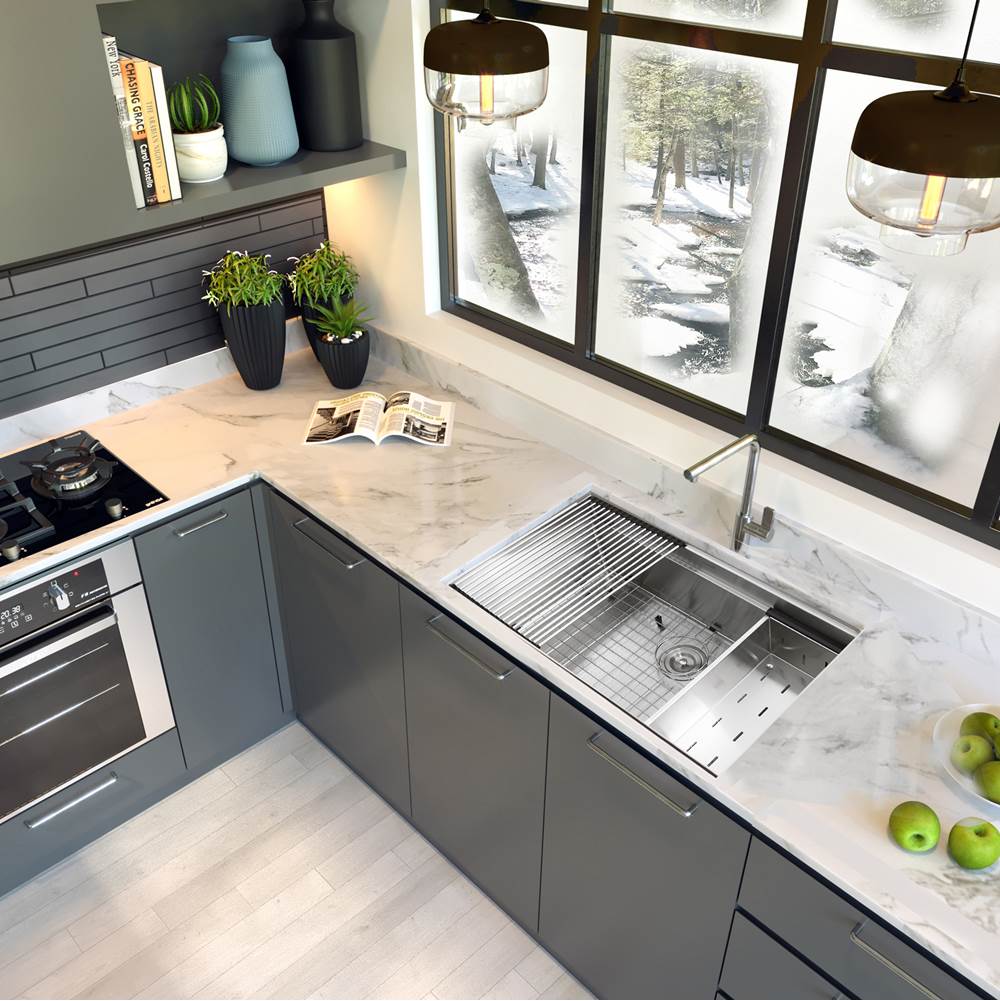 16 Gauge 304 Stainless Small Radius Rectangle Undermount Sink With Specially Designed Ledges. Includes Bottom Grid, Colander and RUM center drain