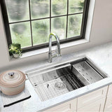16 Gauge 304 Stainless Small Radius Rectangle Undermount Sink With Specially Designed Ledges. Includes Bottom Grid, Colander and RUM center drain