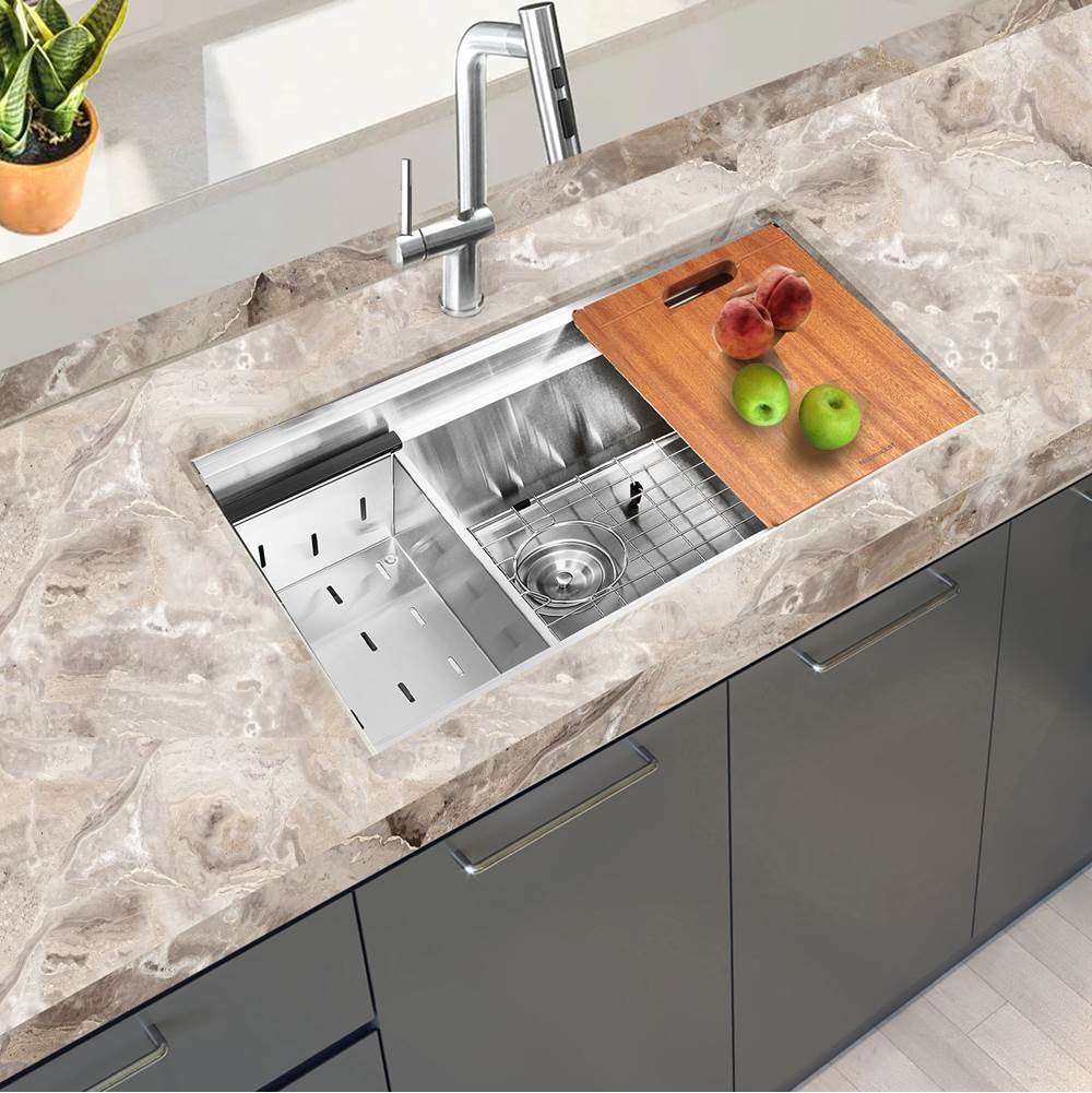 16 Gauge 304 Stainless Small Radius Rectangle Undermount Sink With drain grid colander and cutting board