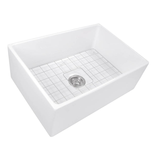 Nantucket Sinks - 27 Inch Farmhouse Fireclay Sink with Drain and Grid - Glazed White