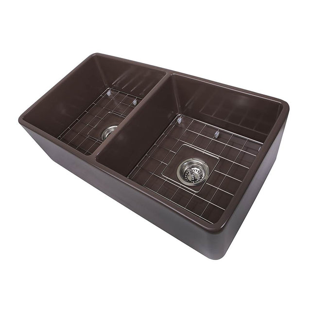 Nantucket Sinks - 33 Inch Double Bowl Coffee Brown Farmhouse Fireclay Kitchen Sink - Glazed Coffee Brown